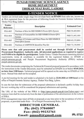 Newspaper clipping: PFSA Tender 2026 for Forensic Lab Goods in Lahore, Daily Aaj, Thursday, 16 April 2026