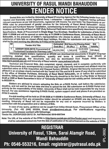 Newspaper clipping: University of Rasul Tender for Pharmacy Labs Furniture, Dunya, 16 Apr 2026