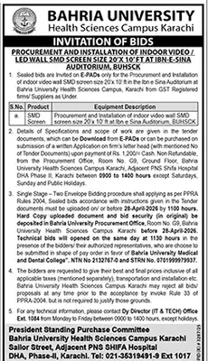 Newspaper clipping: Bahria University Karachi Tender for LED Wall Installation, Dunya, 16 Apr 2026