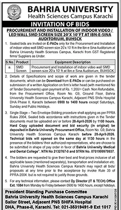 Newspaper clipping: Bahria University Karachi Tender for LED Wall Installation, Dunya, 16 Apr 2026