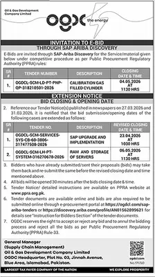 Newspaper clipping: OGDCL Tender Notice for E-Bids & Date Extension 2026, Dunya, 16 Apr 2026