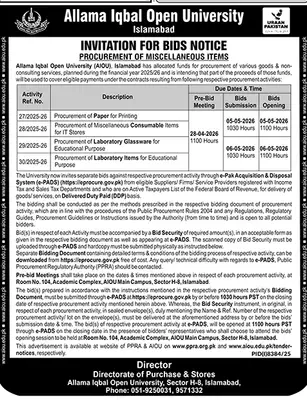 Newspaper clipping: Allama Iqbal Open University Bids for Miscellaneous Items, Dunya, 16 Apr 2026