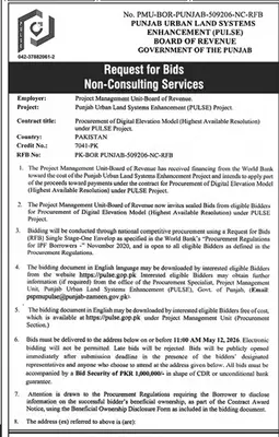 Newspaper clipping: Board of Revenue Punjab Bids for Digital Elevation Model, Dunya, 16 Apr 2026
