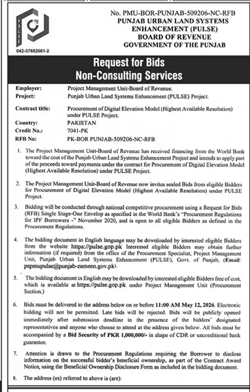 Newspaper clipping: Board of Revenue Punjab Bids for Digital Elevation Model, Dunya, 16 Apr 2026