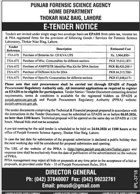 Newspaper clipping: Punjab Forensic Science Agency Tender for Goods & Services, Dunya, 16 Apr 2026