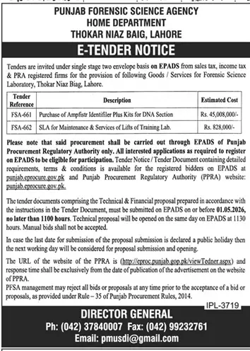 Newspaper clipping: Punjab Forensic Science Agency Tender Notice Lahore, Dunya, 16 Apr 2026