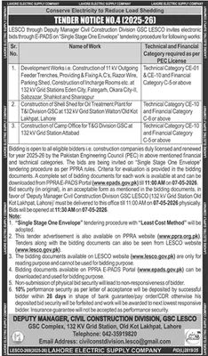 Newspaper clipping: LESCO Tender Notice for Construction Works Lahore 2026, Dunya, 16 Apr 2026