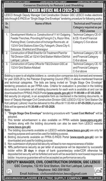 Newspaper clipping: LESCO Tender Notice for Construction Works Lahore 2026, Dunya, 16 Apr 2026