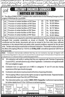 Newspaper clipping: Military Engineer Services Tender for PAF Base Facilities, Dunya, 16 Apr 2026
