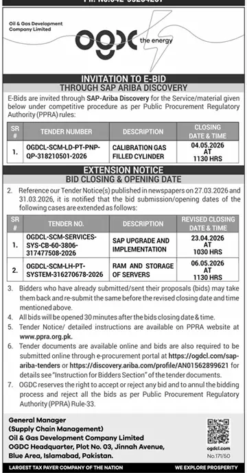 Newspaper clipping: OGDCL Tender Notice for Services and Materials, Dunya, 16 Apr 2026