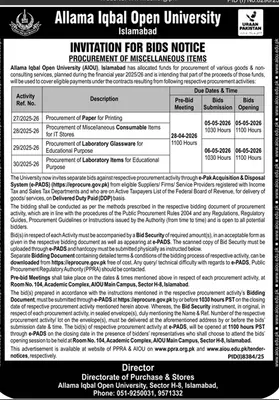 Newspaper clipping: AIOU Bids Notice for Miscellaneous Items Procurement, Dunya, 16 Apr 2026