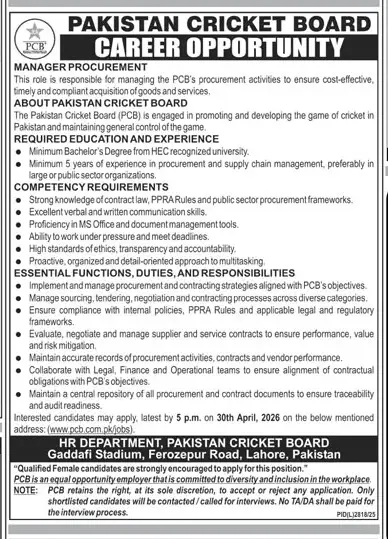 Newspaper clipping: Manager Procurement Jobs at Pakistan Cricket Board (PCB), Jang, 16 Apr 2026