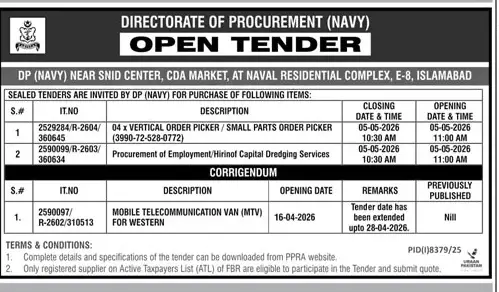 Newspaper clipping: Navy Procurement Tender for Equipment & Services in Islamabad, Jang, 16 Apr 2026
