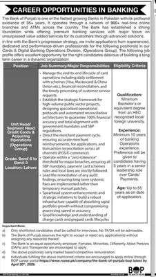 Newspaper clipping: Bank of Punjab Jobs for Unit Head Credit Cards Operations, Jang, 16 Apr 2026
