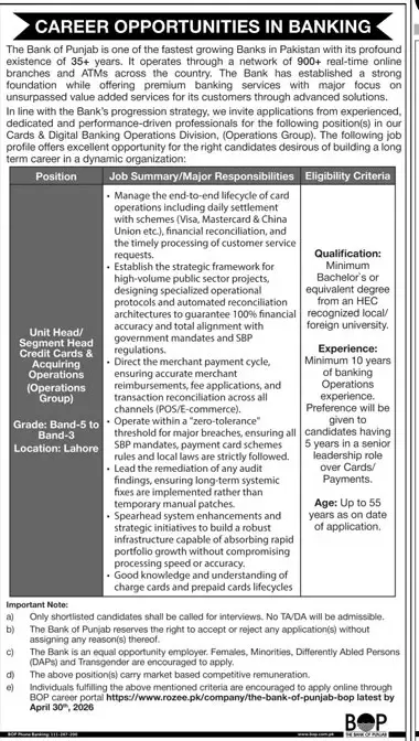 Newspaper clipping: Bank of Punjab Jobs for Unit Head Credit Cards Operations, Jang, 16 Apr 2026