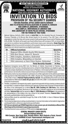 Newspaper clipping: NHA Sindh-South Bids for 16x Security Guards, Jang, 16 Apr 2026