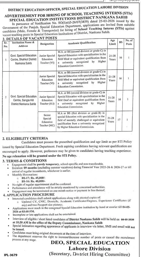 Newspaper clipping: Special Education Teacher Jobs in Nankana Sahib 2026, Jang, 16 Apr 2026