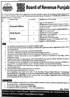 Newspaper clipping: Board of Revenue Punjab Jobs for Officers, Drivers & Staff, Jang, 16 Apr 2026
