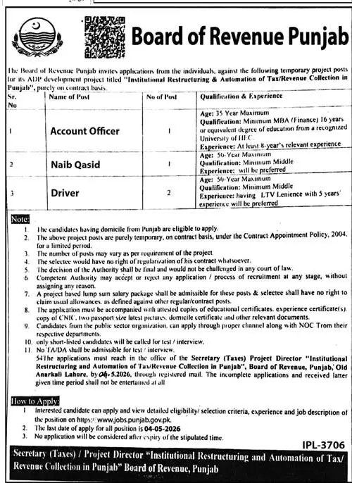 Newspaper clipping: Board of Revenue Punjab Jobs for Officers, Drivers & Staff, Jang, 16 Apr 2026
