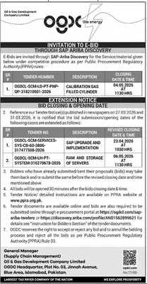 Newspaper clipping: OGDCL Tender Notice for Services and Materials 2026, Jang, 16 Apr 2026