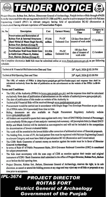 Newspaper clipping: Tender for Rohtas Fort Restoration Projects in Jhelum, Jang, 16 Apr 2026