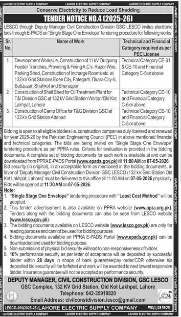 Newspaper clipping: LESCO Tender Notice for Construction Works Lahore 2026, Jang, 16 Apr 2026