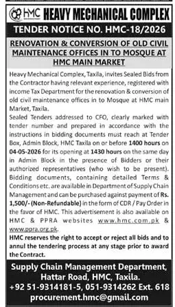 Newspaper clipping: HMC Tender for Office Renovation into Mosque in Taxila, Jang, 16 Apr 2026