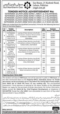 Newspaper clipping: Sui Northern Gas Tender for Service Line Laying in Islamabad, Jang, 16 Apr 2026