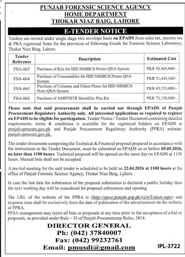 Newspaper clipping: Punjab Forensic Science Agency Tender for Lab Goods, Jang, 16 Apr 2026