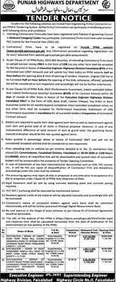 Newspaper clipping: Punjab Highways Department Tender for Road Repair in Faisalabad, Jang, 16 Apr 2026