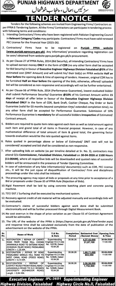 Newspaper clipping: Punjab Highways Department Tender for Road Repair in Faisalabad, Jang, 16 Apr 2026