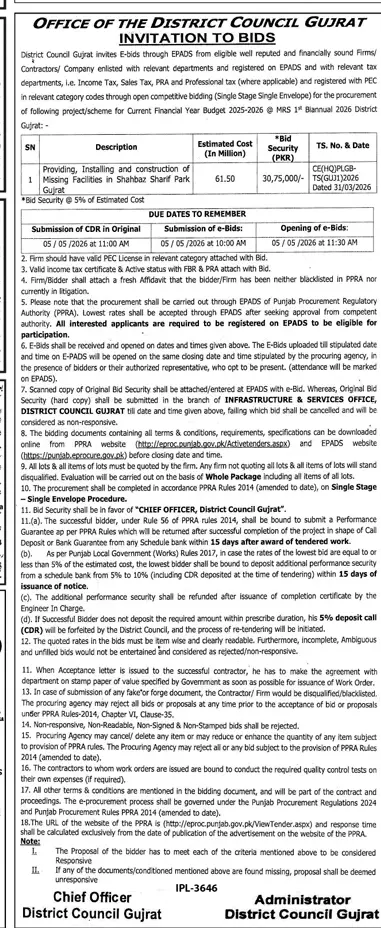 Newspaper clipping: District Council Gujrat Tender for Construction Works, Jang, 16 Apr 2026