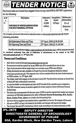 Newspaper clipping: Punjab Archaeology Tender for Miscellaneous Items Purchase, Jang, 16 Apr 2026