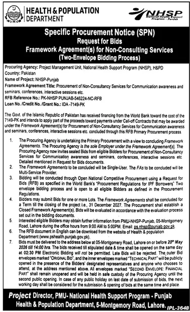 Newspaper clipping: Health Dept Tender for Non-Consultancy Services in Lahore, Jang, 16 Apr 2026