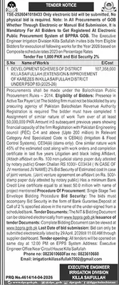 Newspaper clipping: Irrigation Division Killa Saifullah Tender Notice 2026, Jang, 16 Apr 2026