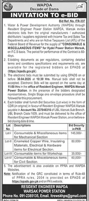 Newspaper clipping: WAPDA Warsak e-Bid for Consumable & Miscellaneous Items, Jang, 16 Apr 2026