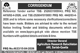 Newspaper clipping: Corrigendum for Tenders by Agriculture Research Balochistan, Jang, 16 Apr 2026