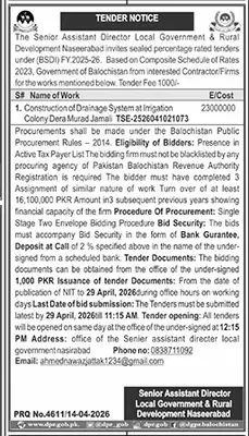 Newspaper clipping: Tender for Drainage System Construction in Naseerabad, Jang, 16 Apr 2026