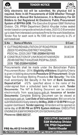 Newspaper clipping: Tender Notice for Road Works in Khuzdar, Balochistan, Jang, 16 Apr 2026
