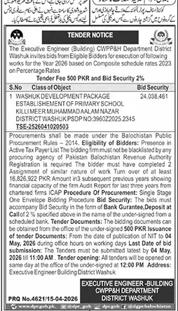 Newspaper clipping: CWPP&H Department Washuk Tender for School Construction, Jang, 16 Apr 2026