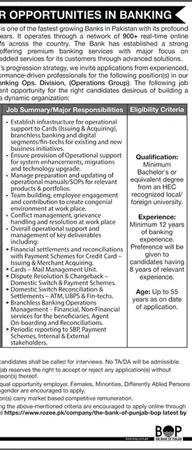 Newspaper clipping: Bank of Punjab Banking Operations Jobs, Jang, 16 Apr 2026