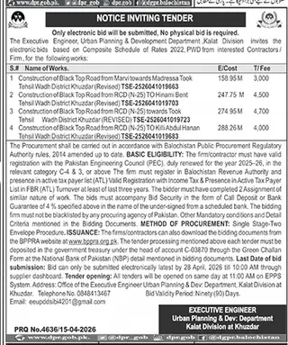 Newspaper clipping: Urban Planning Dept Kalat Tender for Road Construction, Jang, 16 Apr 2026