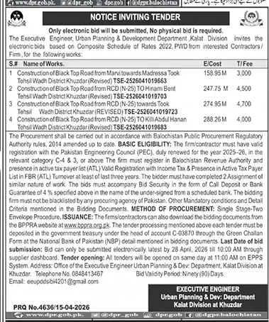 Newspaper clipping: Urban Planning Dept Kalat Tender for Road Construction, Jang, 16 Apr 2026