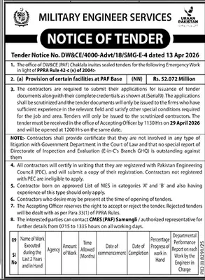 Newspaper clipping: Military Engineer Services Tender Notice Quetta, Jang, 16 Apr 2026