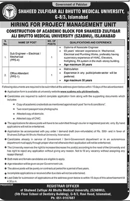 Newspaper clipping: SZABMU Jobs for Sub Engineer & Office Attendant Islamabad, Jang, 16 Apr 2026