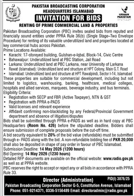 Newspaper clipping: PBC Bids for Renting Commercial Land & Properties, Jang, 16 Apr 2026