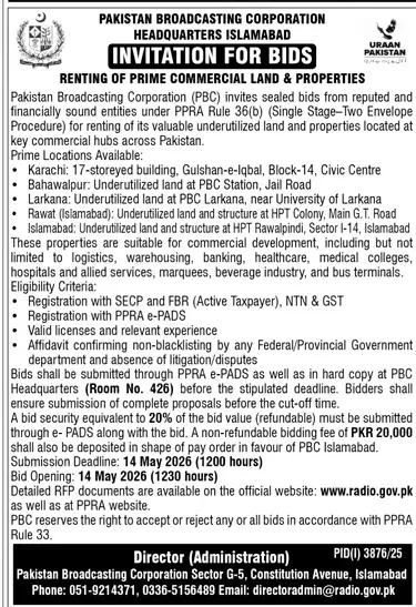 Newspaper clipping: PBC Bids for Renting Commercial Land & Properties, Jang, 16 Apr 2026