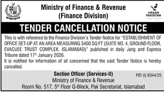 Newspaper clipping: Tender Cancellation Notice by Ministry of Finance, Jang, 16 Apr 2026