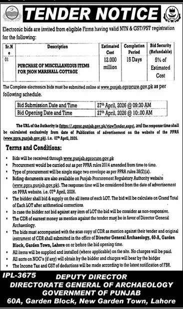 Newspaper clipping: Tender for Miscellaneous Items by Archaeology Dept Punjab, Jang, 16 Apr 2026
