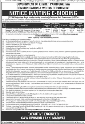 Newspaper clipping: C&W Lakki Marwat E-Bidding Notice for Construction, Jang, 16 Apr 2026